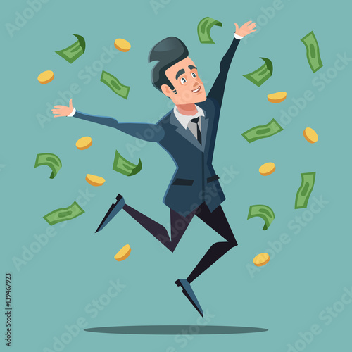 Happy Businessman Jumping Under Money Rain. Business Success. Vector illustration