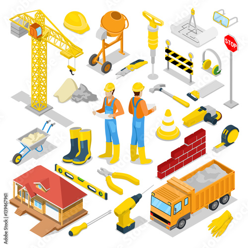 Isometric Builder with Construction Instruments and Crane. Vector 3d flat illustration