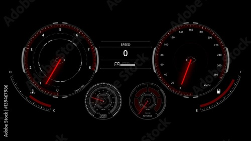 Digital optitron speedometer of car driving with acceleration, dashboard