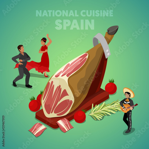 Isometric Spain National Cuisine with Jamon and Spanish People in Traditional Clothes. Vector 3d flat illustration