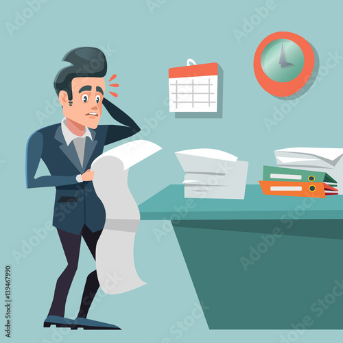 Stressed Busy Businessman with Long To Do List. Overtime at Work. Vector illustration