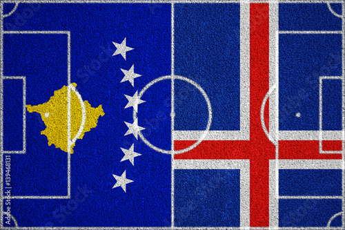 Flags Kosovo - Iceland on the football field. 2018 football qualifiers