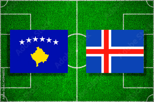 Flags Kosovo - Iceland on the football field. 2018 football qualifiers