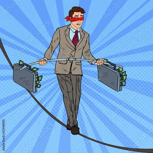 Pop Art Businessman Walking on the Rope with Two Money Briefcase. Investment Risk. Vector illustration