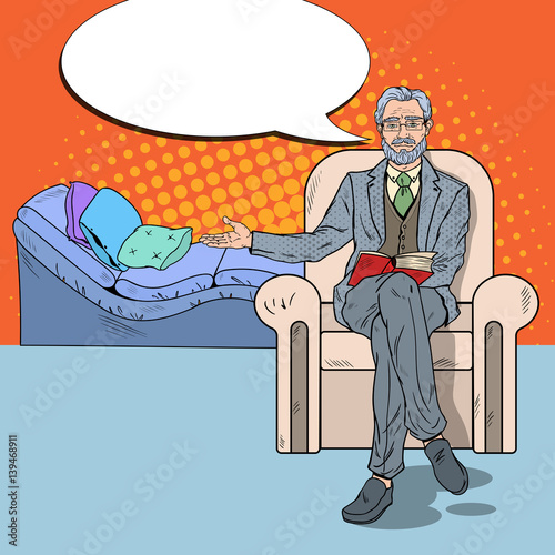 Pop Art Senior Psychotherapist with Comic Speech Bubble. Vector illustration