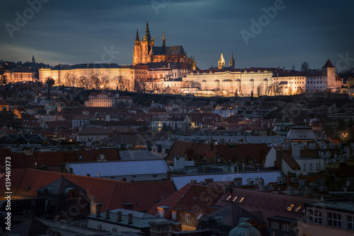 Prague's dominant, Prague's Castle at night. Beautiful aerial view from center of the city.