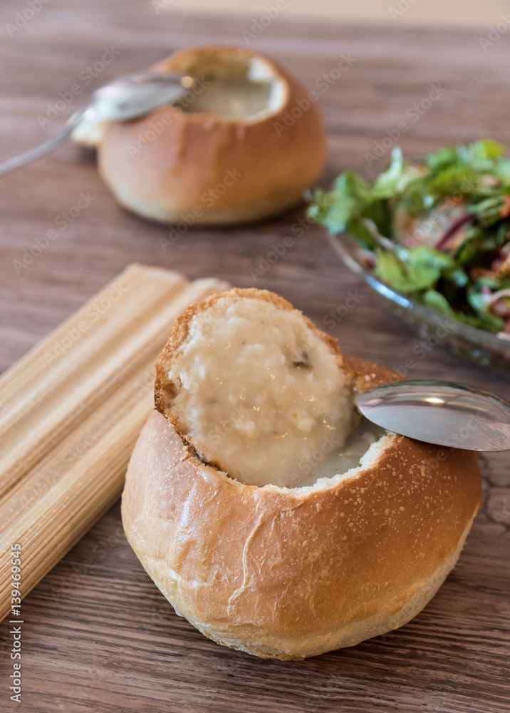 Cream soup in a bowl made from bread Cream soup in a bowl made from bread