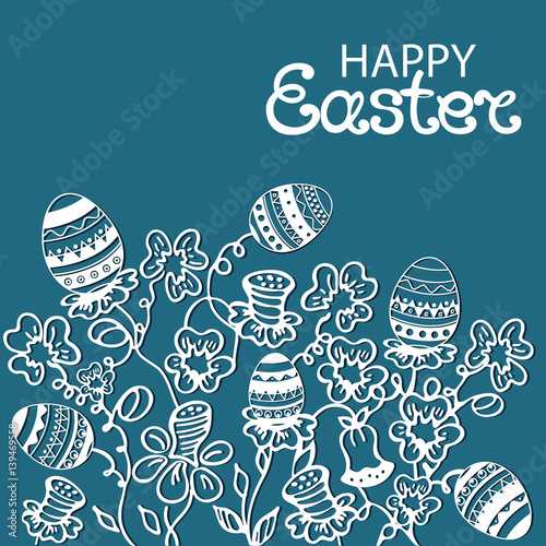 Happy Easter greeting card with flowers and paschal eggs on a blue background
