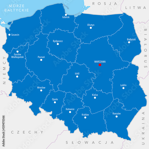 Map of Poland with cites and provinces - Polish names