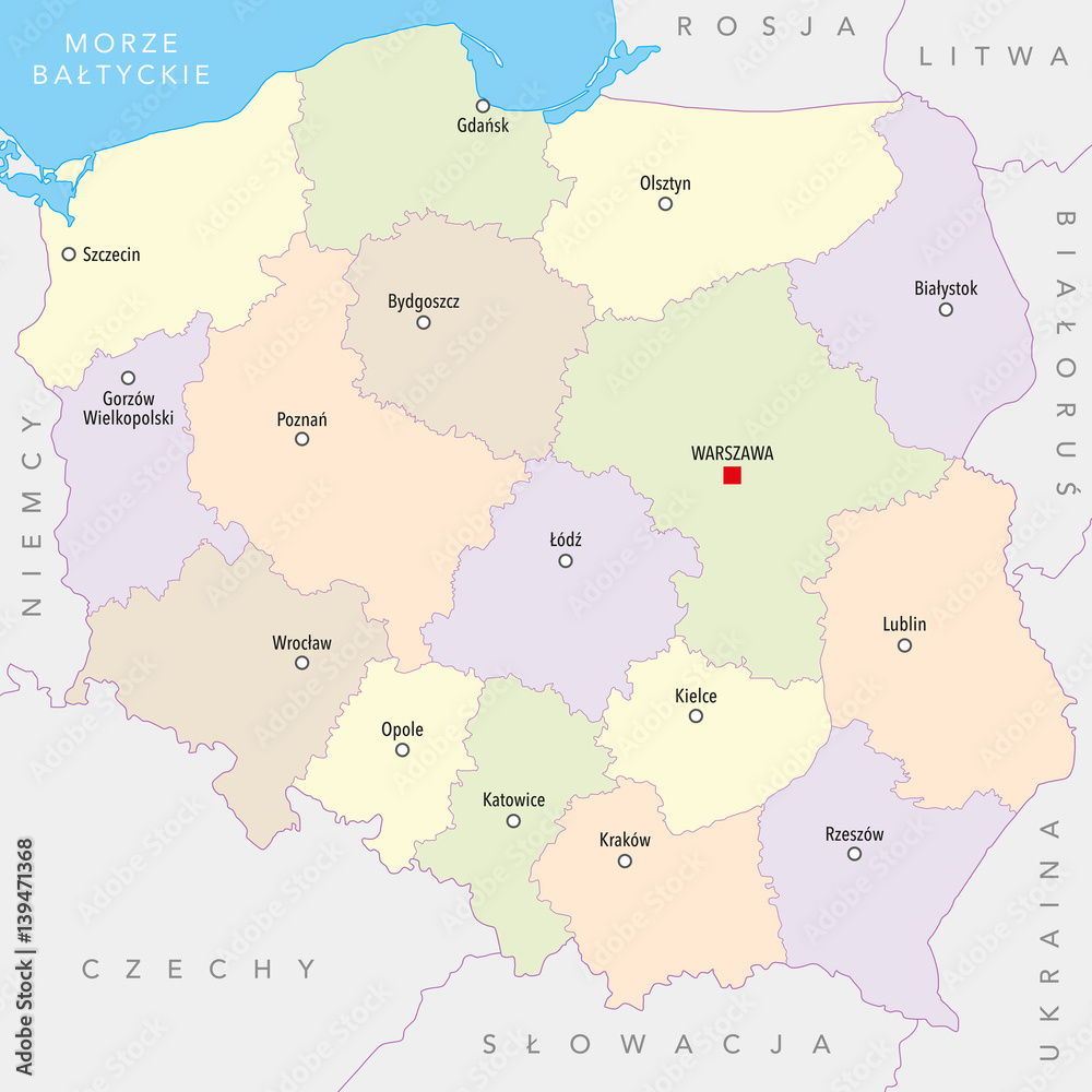 Map of Poland with cities, provinces - Polish names