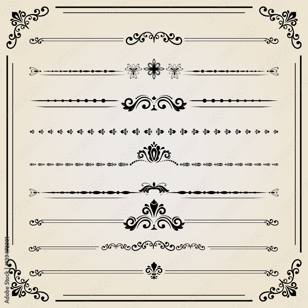 Vintage set of vector decorative elements. Horizontal separators in the frame. Collection of different ornaments. Classic patterns. Set of vintage patterns