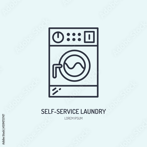 Washing machine icon, washer line logo. Flat sign for launderette service. Logotype for self-service laundry, clothing cleaning business.