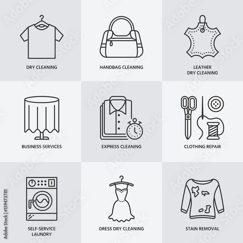 Dry cleaning, laundry line icons. Launderette service equipment, washing machine, clothing shoe and leather repair, garment. Washing thin linear signs for self-service laundry.