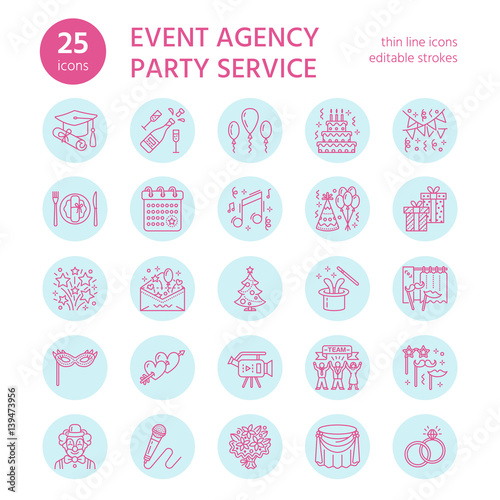 Event agency, wedding organization vector line icon. Party service - catering, birthday cake, balloon decoration, flower delivery, invitation, clown. Thin linear sign of corporate party, team building