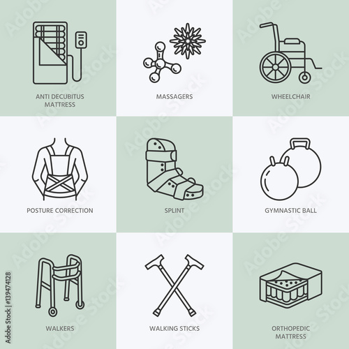 Orthopedic, trauma rehabilitation line icons. Crutches, orthopedics mattress, posture correction, walkers and other medical rehab goods. Health care thin linear signs for clinic and hospital.