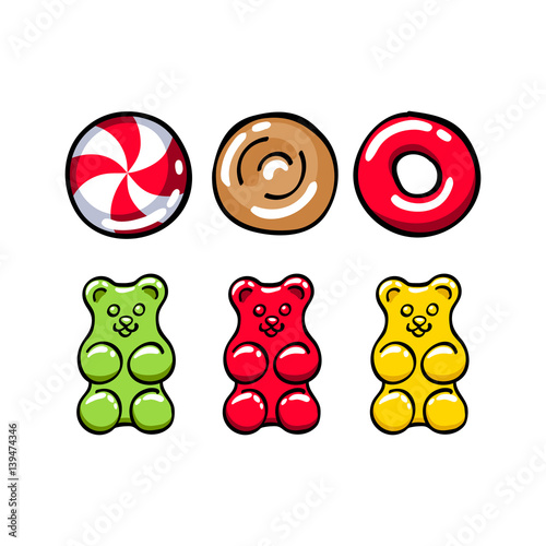 Colorful hard candies and gummy bears set.