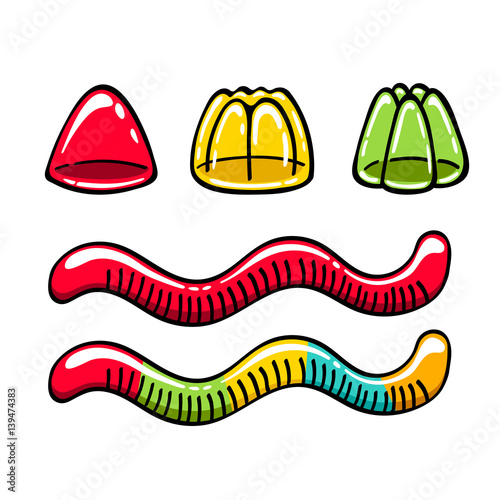 Jelly candies and worms vector illustration.