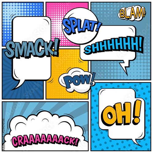 Abstract creative concept vector comic pop art style blank, layout template with clouds beams and isolated dots background. For sale banner, empty speech bubble set, illustration halftone book design.