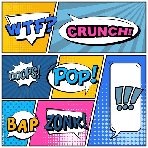 Abstract creative concept vector comic pop art style blank, layout template with clouds beams and isolated dots background. For sale banner, empty speech bubble set, illustration halftone book design.