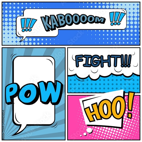 Abstract creative concept vector comic pop art style blank, layout template with clouds beams and isolated dots background. For sale banner, empty speech bubble set, illustration halftone book design.