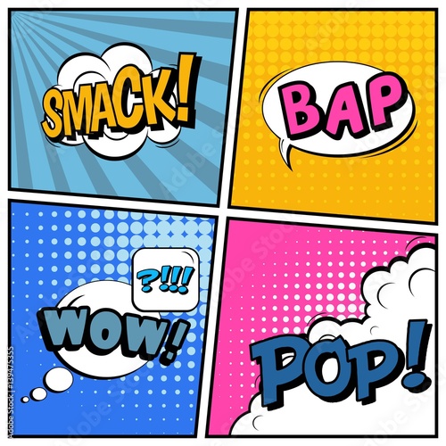 Abstract creative concept vector comic pop art style blank, layout template with clouds beams and isolated dots background. For sale banner, empty speech bubble set, illustration halftone book design.