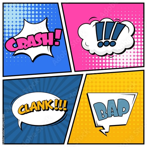 Abstract creative concept vector comic pop art style blank, layout template with clouds beams and isolated dots background. For sale banner, empty speech bubble set, illustration halftone book design.