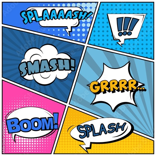 Abstract creative concept vector comic pop art style blank, layout template with clouds beams and isolated dots background. For sale banner, empty speech bubble set, illustration halftone book design.