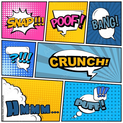 Abstract creative concept vector comic pop art style blank, layout template with clouds beams and isolated dots background. For sale banner, empty speech bubble set, illustration halftone book design.