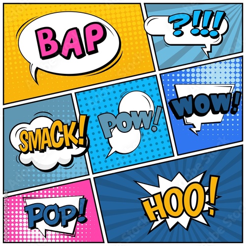 Abstract creative concept vector comic pop art style blank, layout template with clouds beams and isolated dots background. For sale banner, empty speech bubble set, illustration halftone book design.