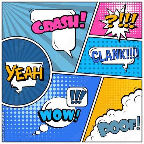 Abstract creative concept vector comic pop art style blank, layout template with clouds beams and isolated dots background. For sale banner, empty speech bubble set, illustration halftone book design.