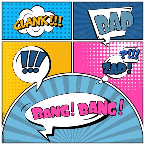 Abstract creative concept vector comic pop art style blank, layout template with clouds beams and isolated dots background. For sale banner, empty speech bubble set, illustration halftone book design.