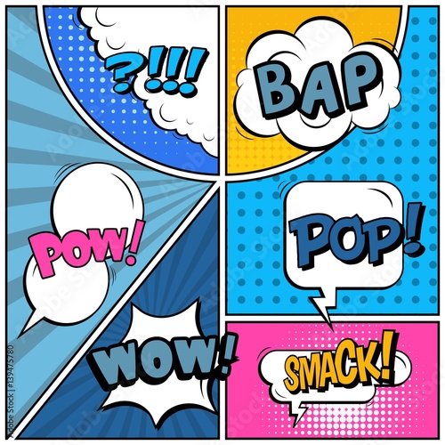 Abstract creative concept vector comic pop art style blank, layout template with clouds beams and isolated dots background. For sale banner, empty speech bubble set, illustration halftone book design.