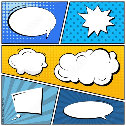 Abstract creative concept vector comic pop art style blank, layout template with clouds beams and isolated dots background. For sale banner, empty speech bubble set, illustration halftone book design.