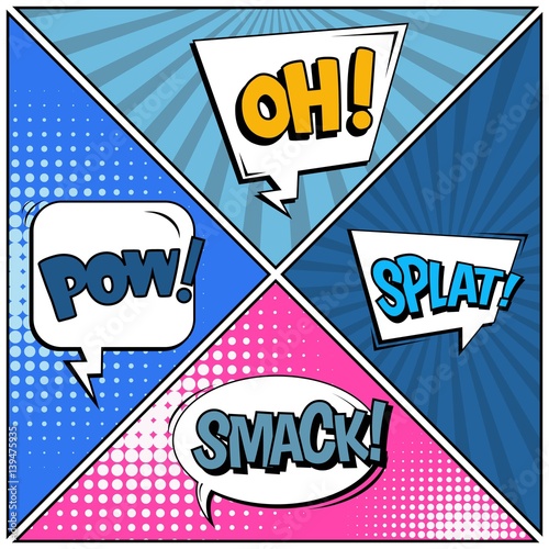 Abstract creative concept vector comic pop art style blank, layout template with clouds beams and isolated dots background. For sale banner, empty speech bubble set, illustration halftone book design.