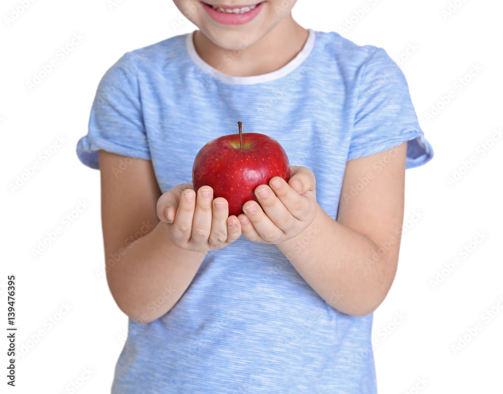 Cute little boy with apple on white background, closeup Cute little boy with apple on white background, closeup