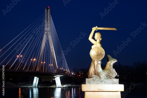 Obraz na płótnie The Warsaw Mermaid near bridge Swietokrzyski over the Vistula river in Warsaw, Poland w salonie