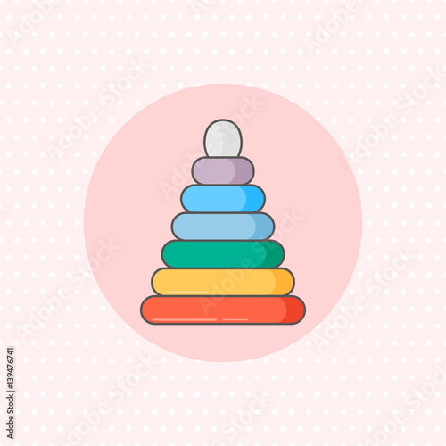 Simple vector icon for ring stacker in rainbow color on pink background. Flat style.
