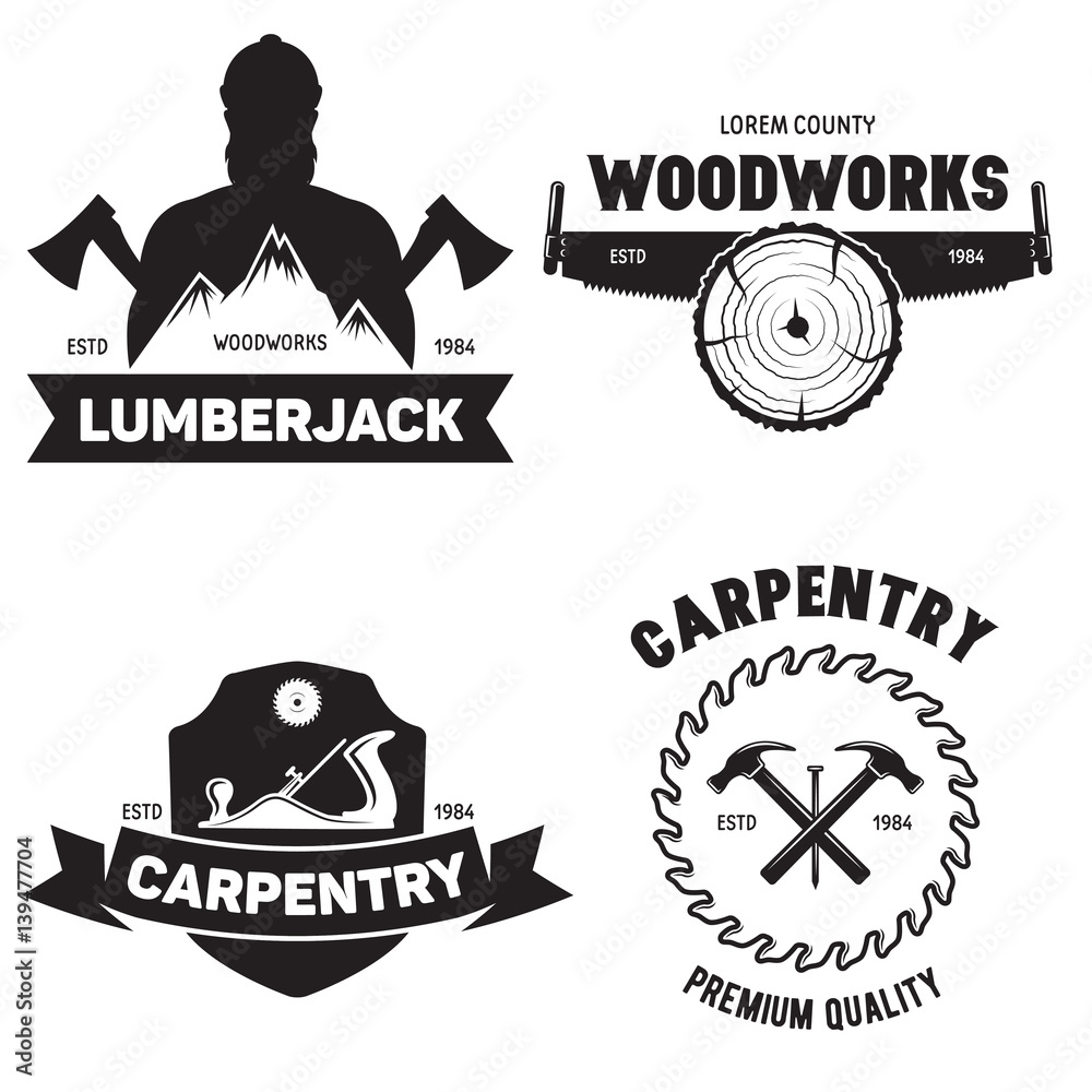 Set of isolated vintage lumberjack labels with small retro style ...