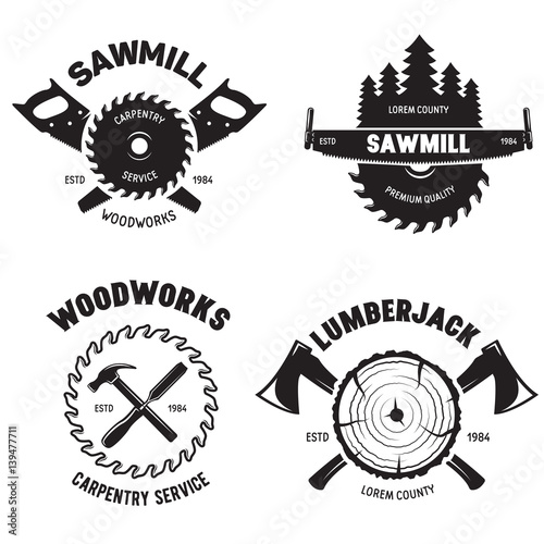 Set of isolated vintage lumberjack labels with small retro style carpentry woodworks compositions with decorative text vector illustration.