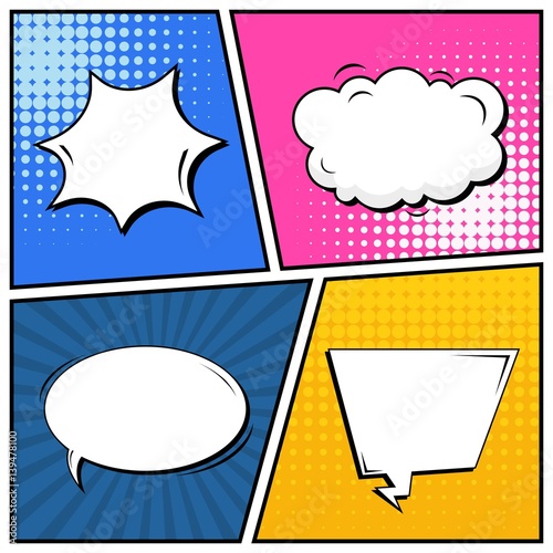 Abstract creative concept vector comic pop art style blank, layout template with clouds beams and isolated dots background. For sale banner, empty speech bubble set, illustration halftone book design.