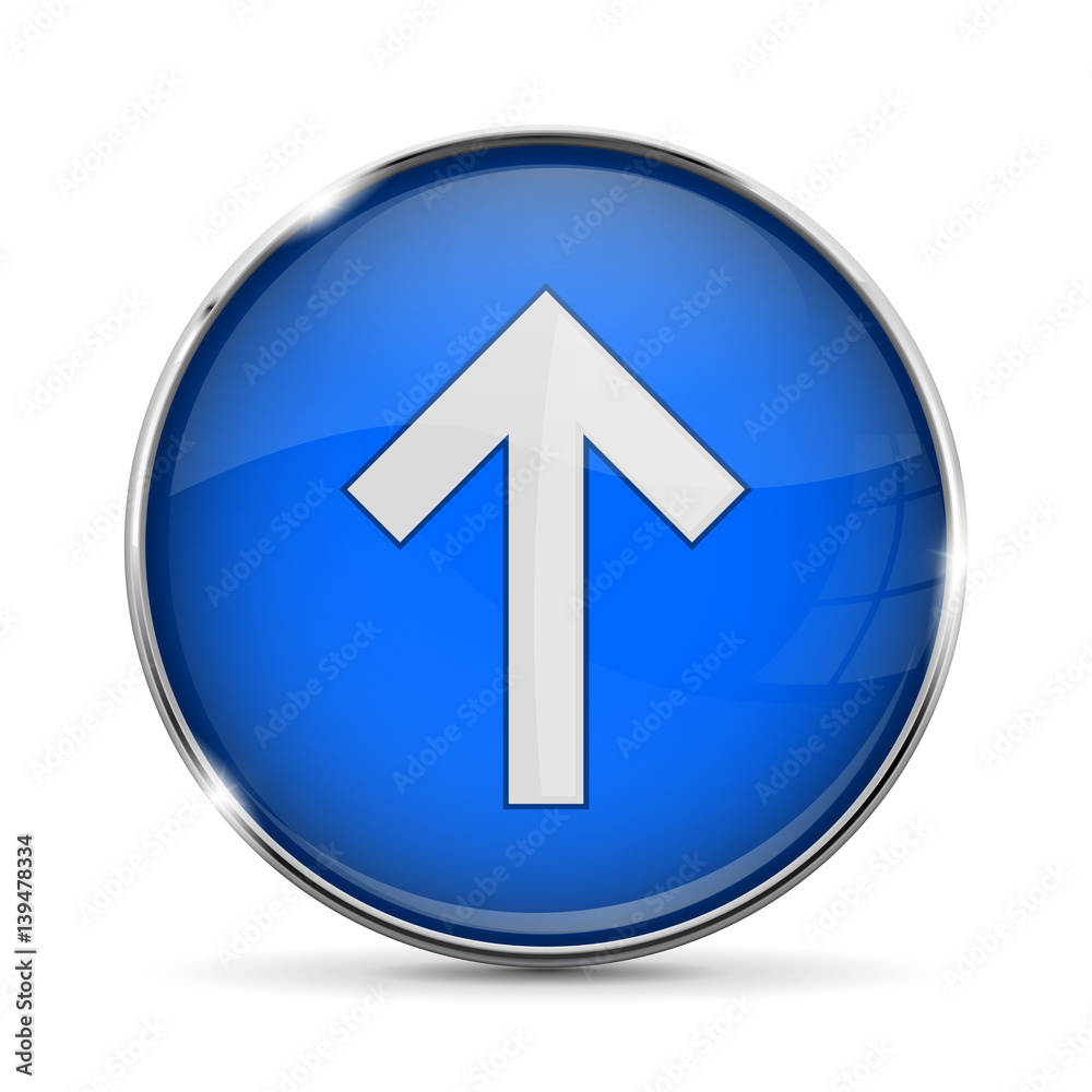 Blue UP button with white arrow. Shiny 3d icon with metal frame Blue UP button with white arrow. Shiny 3d icon with metal frame