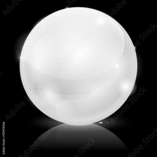 White glass ball with reflection on black background