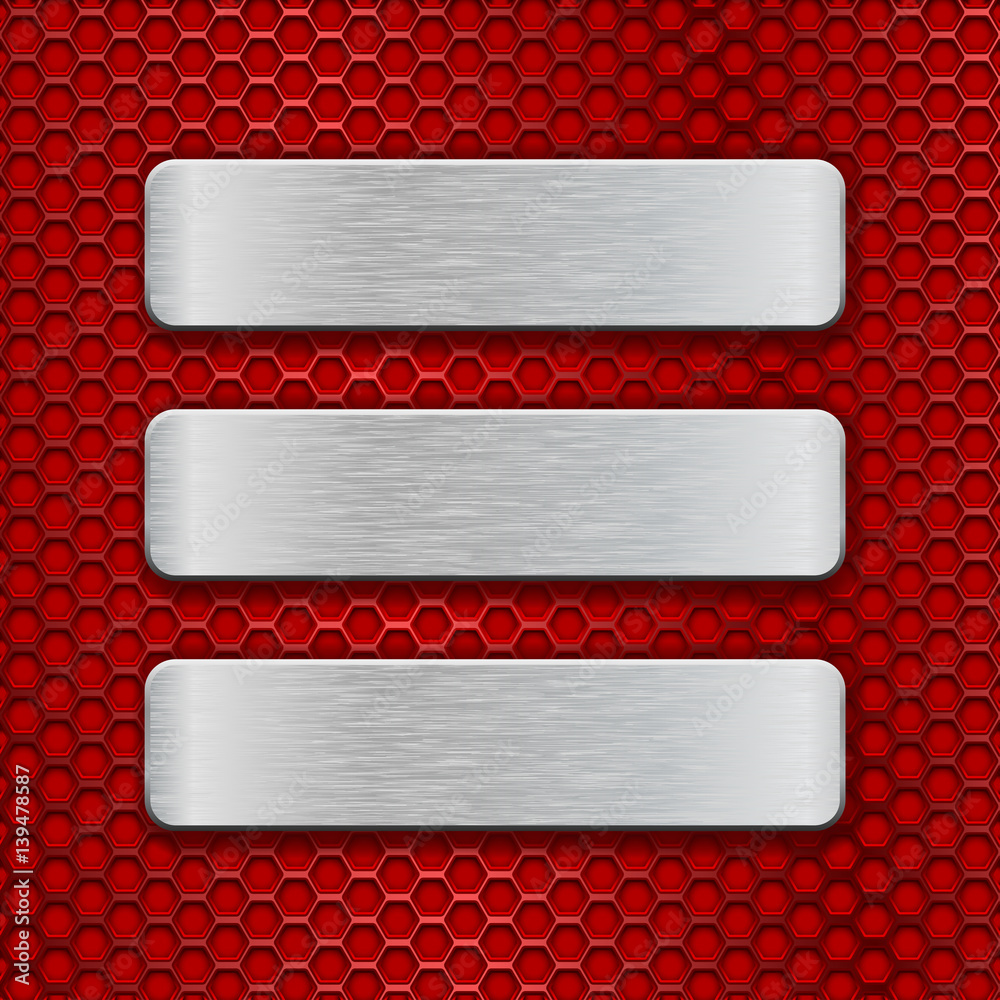 Metal rectangular brushed plates on red perforated background