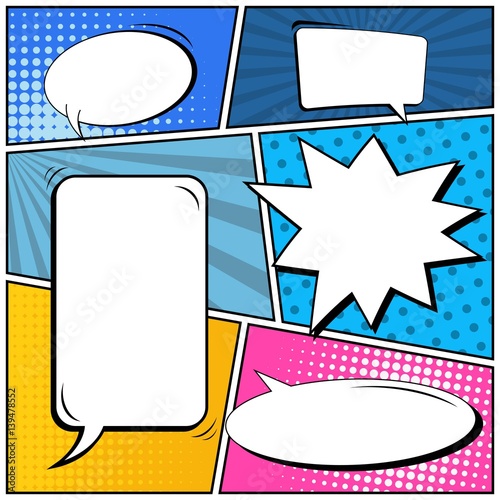 Abstract creative concept vector comic pop art style blank, layout template with clouds beams and isolated dots background. For sale banner, empty speech bubble set, illustration halftone book design.