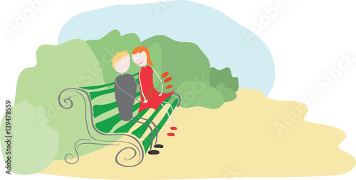meeting in a secluded place/ couple in love with a bouquet of flowers sitting on a bench in an overgrown part of the park