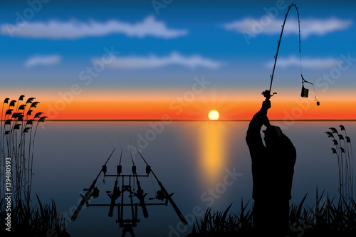 Silhouette of fisherman in action. Carp feeder fishing vector.