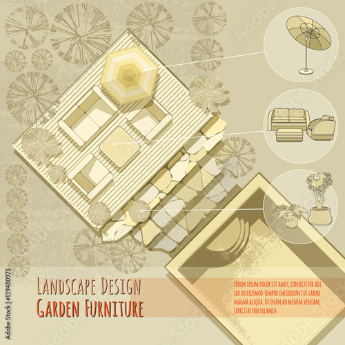 Garden design. Lounge chairs, umbrella. Top view.