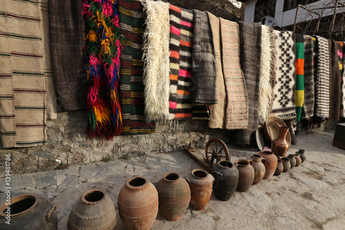 Colorful rug in the Rhodope village of Shiroka Luka, Bulgaria photo