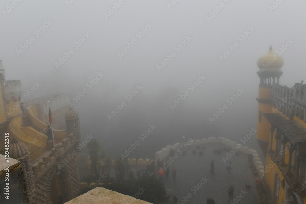 Pena Palace on a foggy and rainy day, Sintra, Portugal