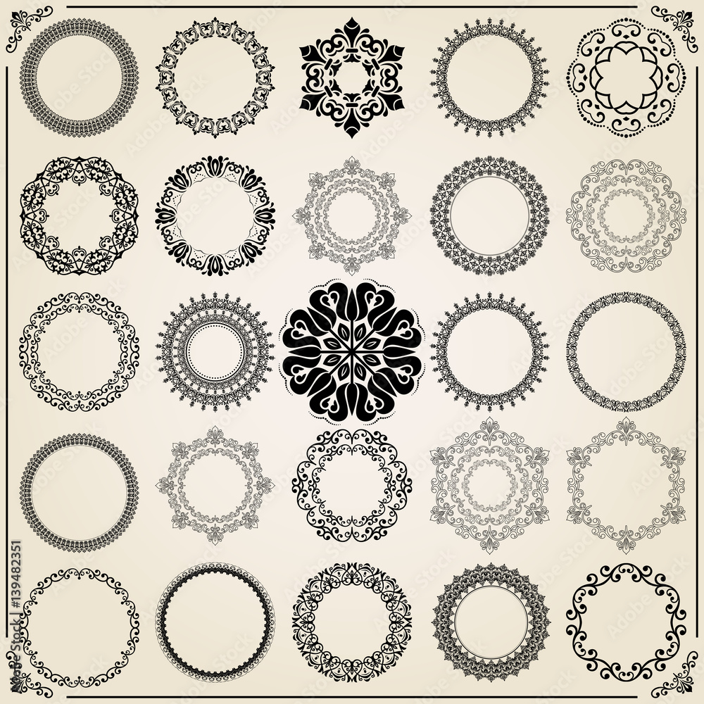 Vintage set of vector round elements. Different elements for decoration and design frames, cards, menus, backgrounds and monograms. Classic patterns. Set of vintage patterns